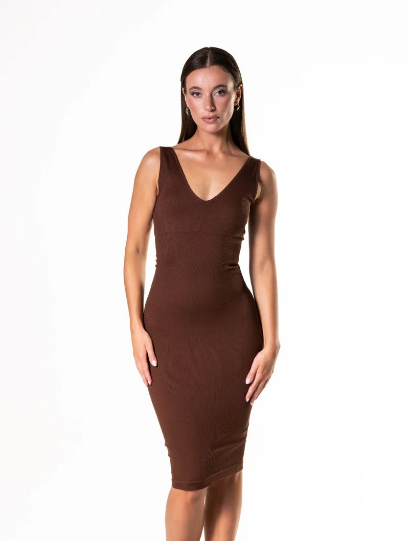 Deep V-Neck Seamless Midi Dress